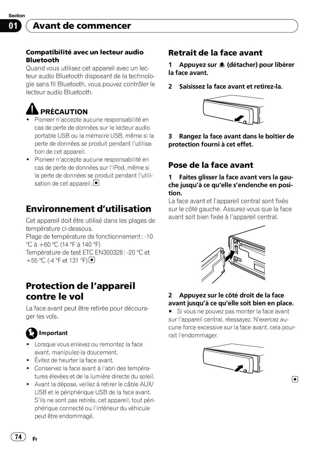 Pioneer DEH-P610BT operation manual Avant de commencer, Environnement d’utilisation, Protection de l’appareil contre le vol 