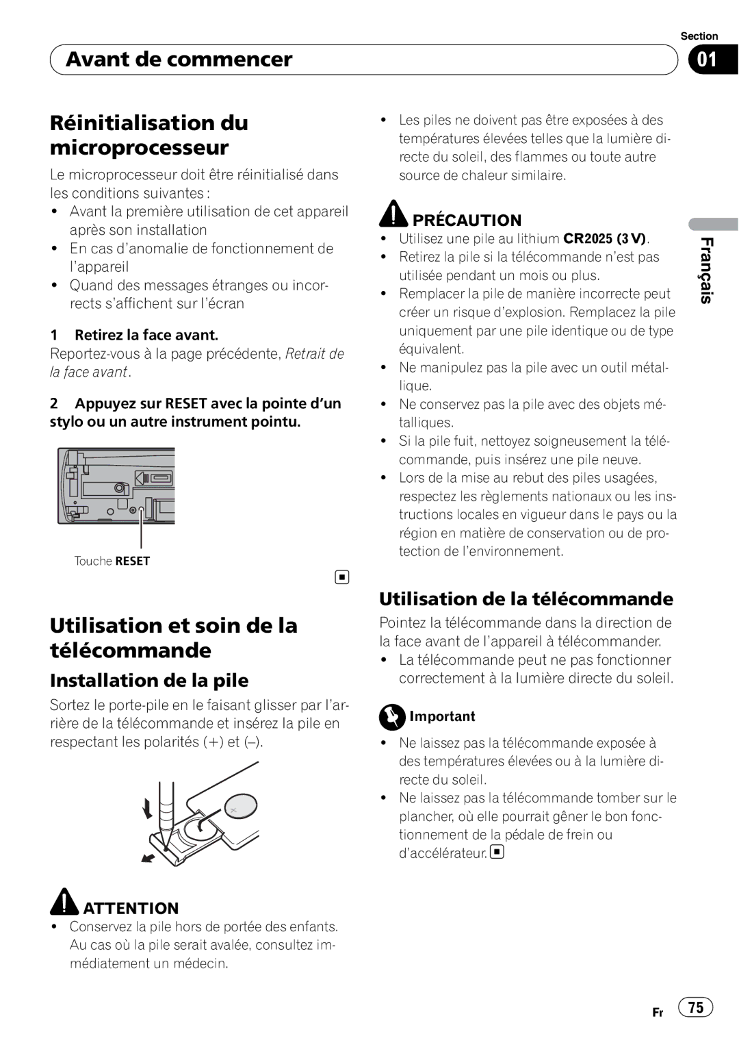 Pioneer DEH-P610BT Avant de commencer Réinitialisation du microprocesseur, Utilisation et soin de la télécommande 