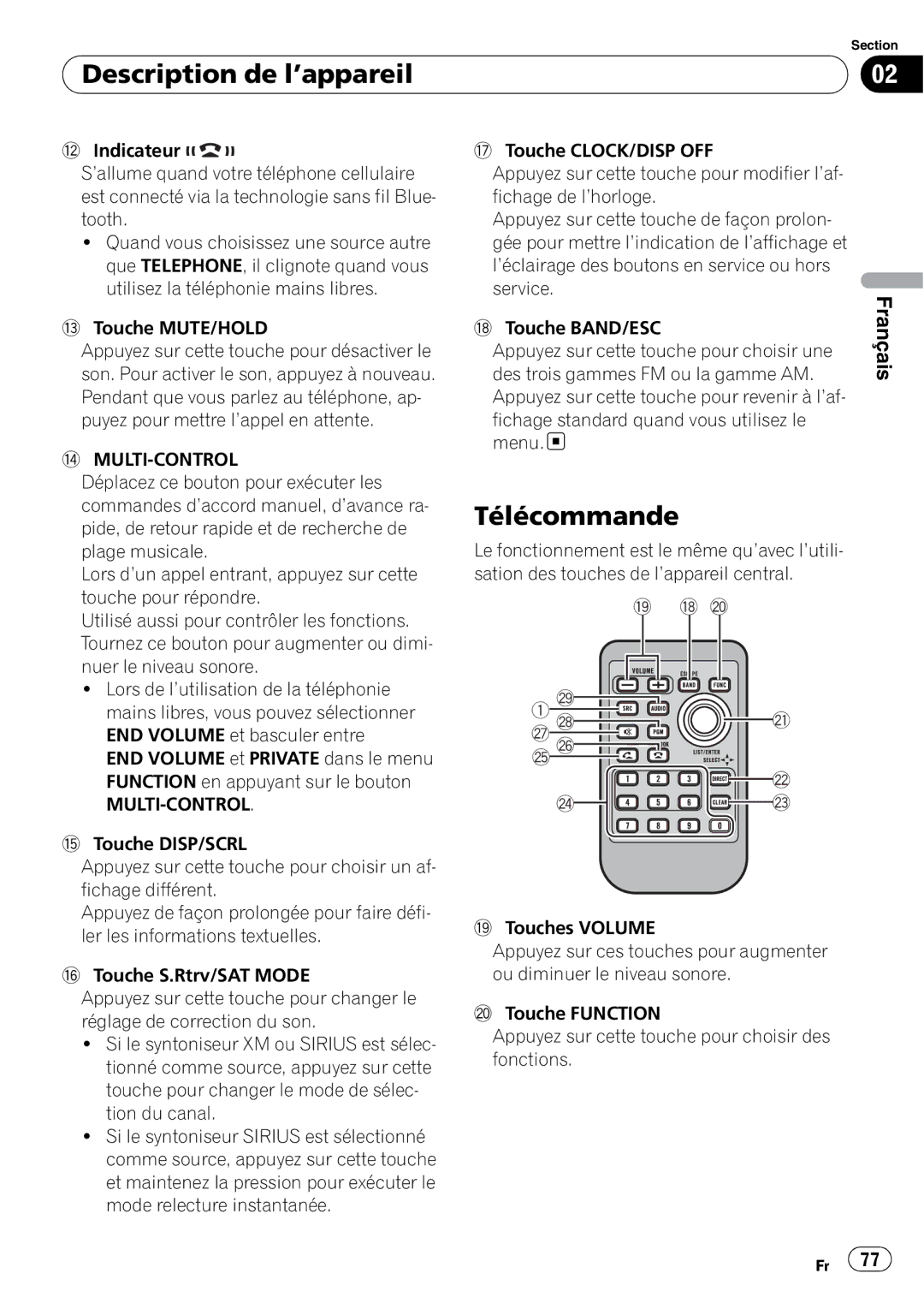 Pioneer DEH-P610BT operation manual Description de l’appareil, Télécommande 