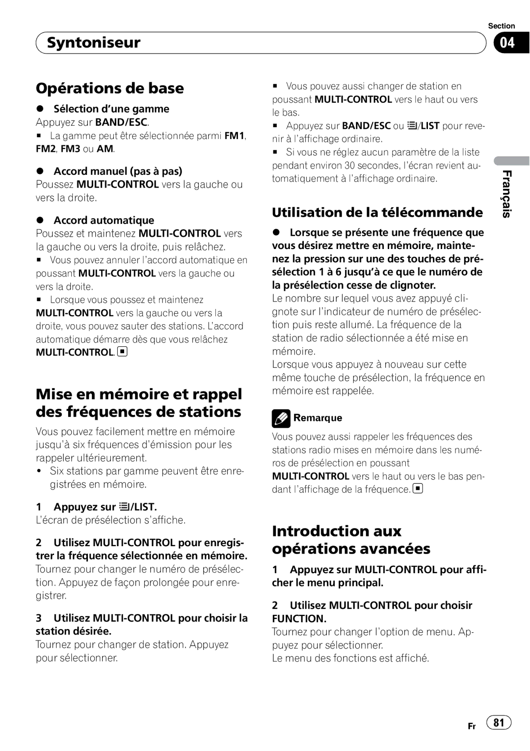 Pioneer DEH-P610BT operation manual Syntoniseur Opérations de base, Mise en mémoire et rappel des fréquences de stations 