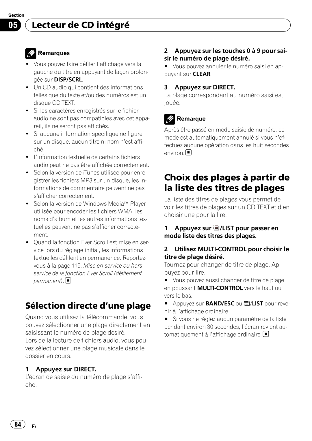 Pioneer DEH-P610BT operation manual Lecteur de CD intégré, Sélection directe d’une plage 