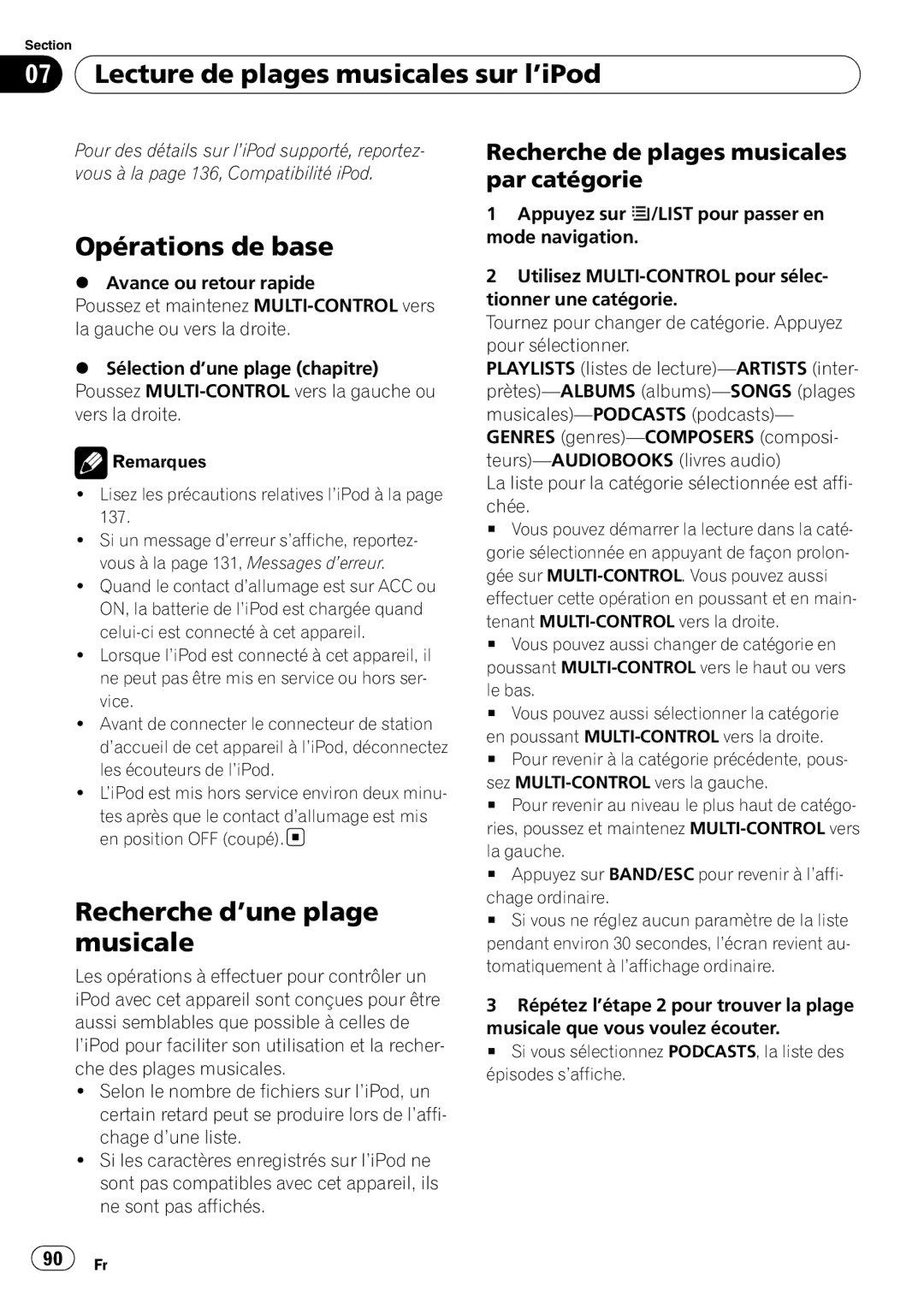 Pioneer DEH-P610BT operation manual Lecture de plages musicales sur l’iPod, Recherche d’une plage musicale 