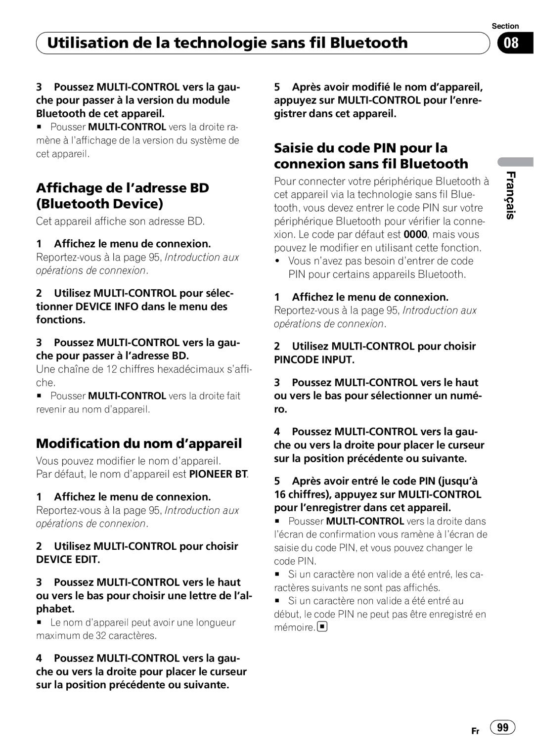 Pioneer DEH-P610BT operation manual Affichage de l’adresse BD Bluetooth Device, Modification du nom d’appareil 