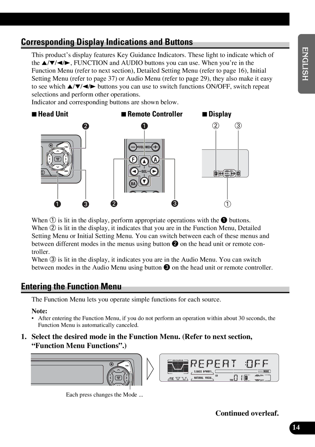 Pioneer DEH-P5200, DEH-P6200 operation manual Corresponding Display Indications and Buttons, Entering the Function Menu 