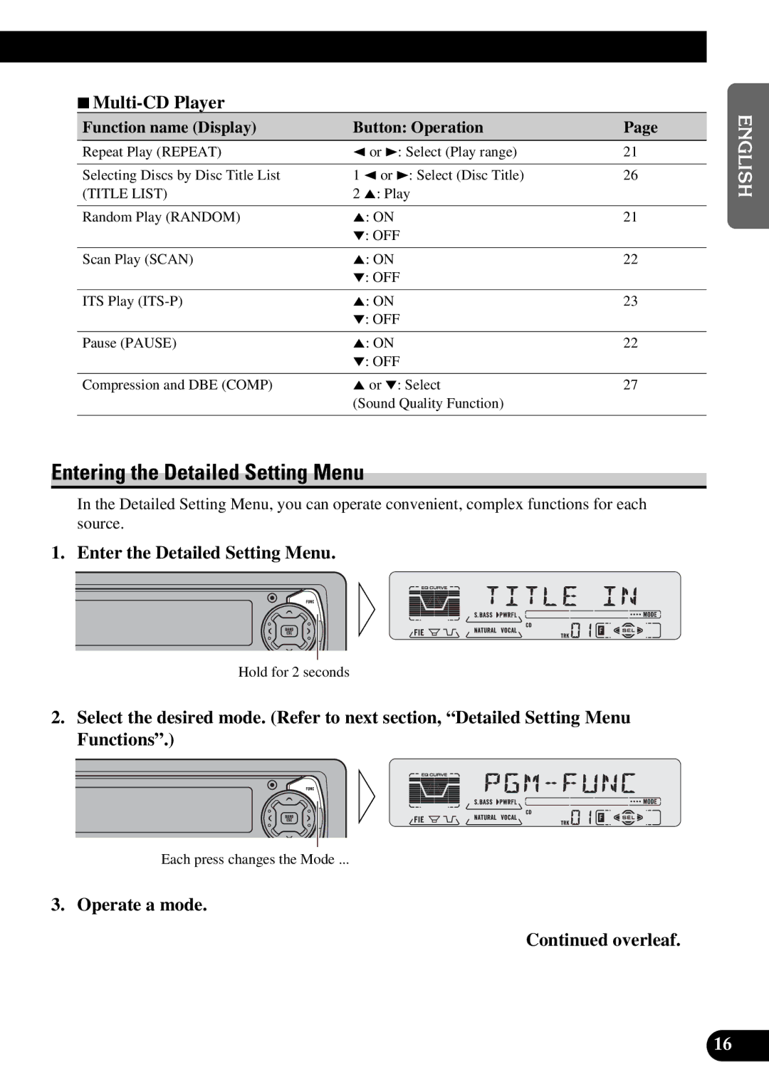 Pioneer DEH-P5200, DEH-P6200 Entering the Detailed Setting Menu, 7Multi-CD Player, Enter the Detailed Setting Menu 