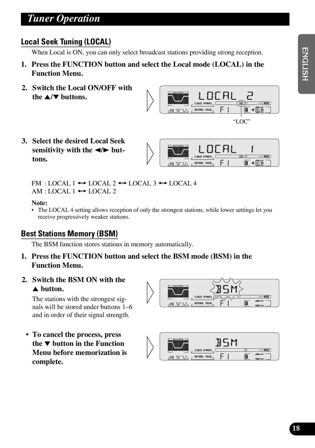 Pioneer DEH-P5200, DEH-P6200 operation manual Tuner Operation, Local Seek Tuning Local, Best Stations Memory BSM 