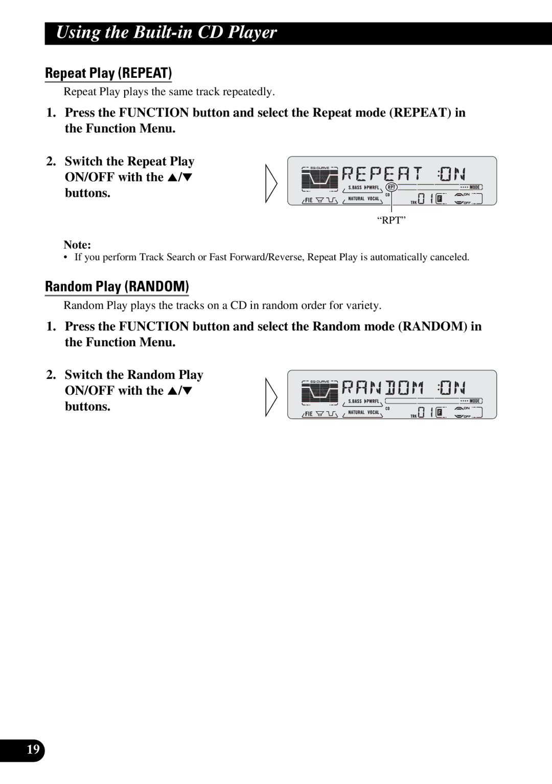 Pioneer DEH-P6200, DEH-P5200 operation manual Using the Built-in CD Player, Repeat Play Repeat, Random Play Random 