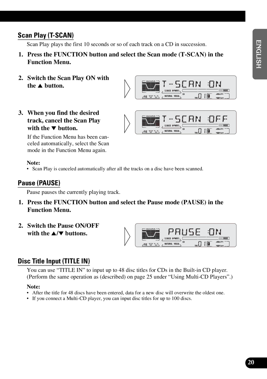 Pioneer DEH-P5200 Scan Play T-SCAN, Pause Pause, Disc Title Input Title, Pause pauses the currently playing track 