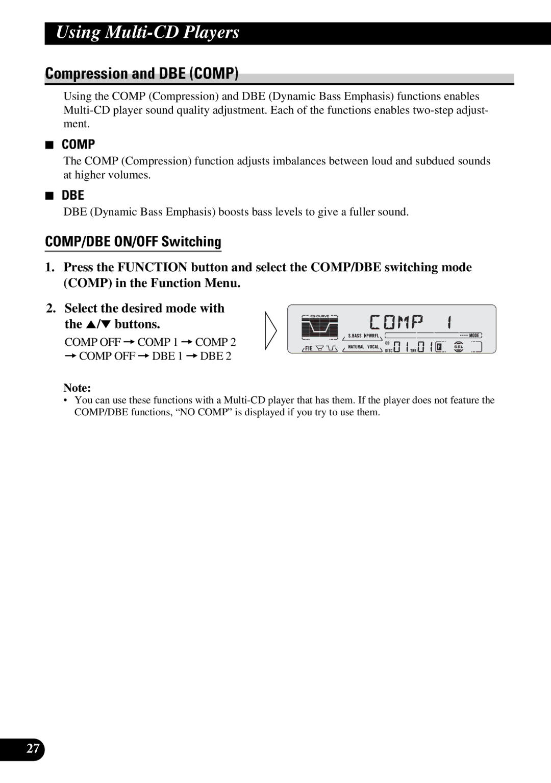 Pioneer DEH-P6200, DEH-P5200 operation manual Compression and DBE Comp, COMP/DBE ON/OFF Switching 