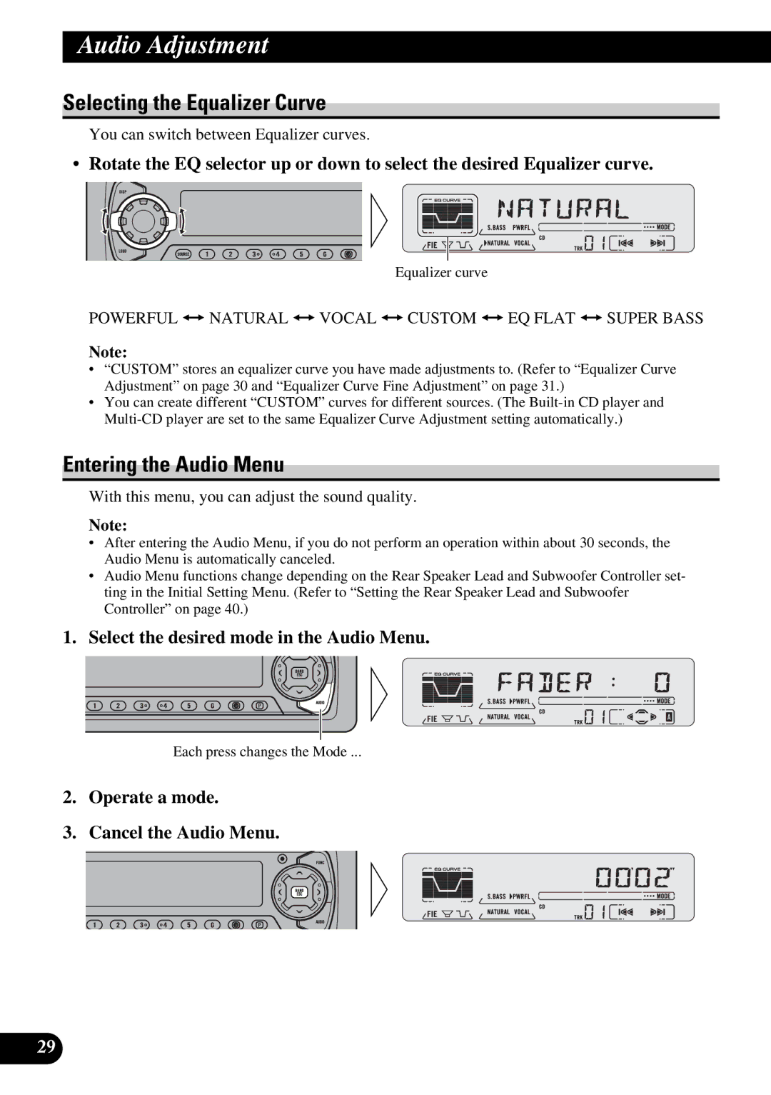 Pioneer DEH-P6200, DEH-P5200 operation manual Audio Adjustment, Selecting the Equalizer Curve, Entering the Audio Menu 