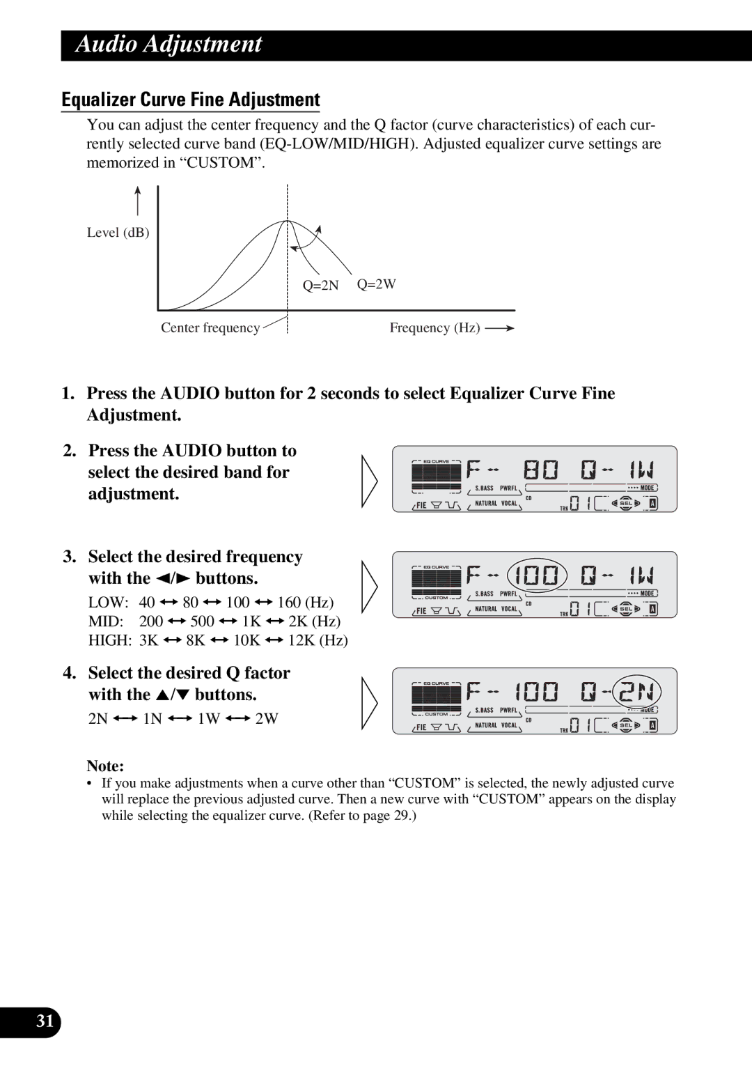 Pioneer DEH-P6200 Equalizer Curve Fine Adjustment, Select the desired Q factor with the 5/ buttons, 2N += 1N += 1W += 2W 