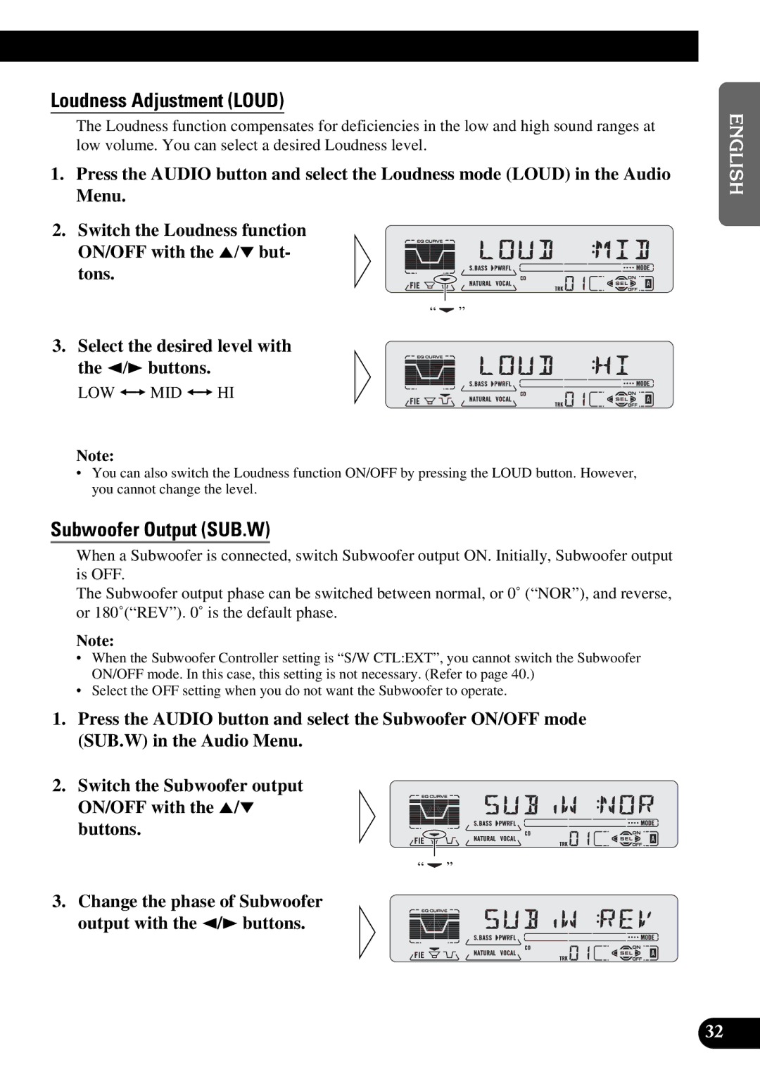 Pioneer DEH-P5200, DEH-P6200 operation manual Loudness Adjustment Loud, Subwoofer Output SUB.W, Low += Mid += Hi 