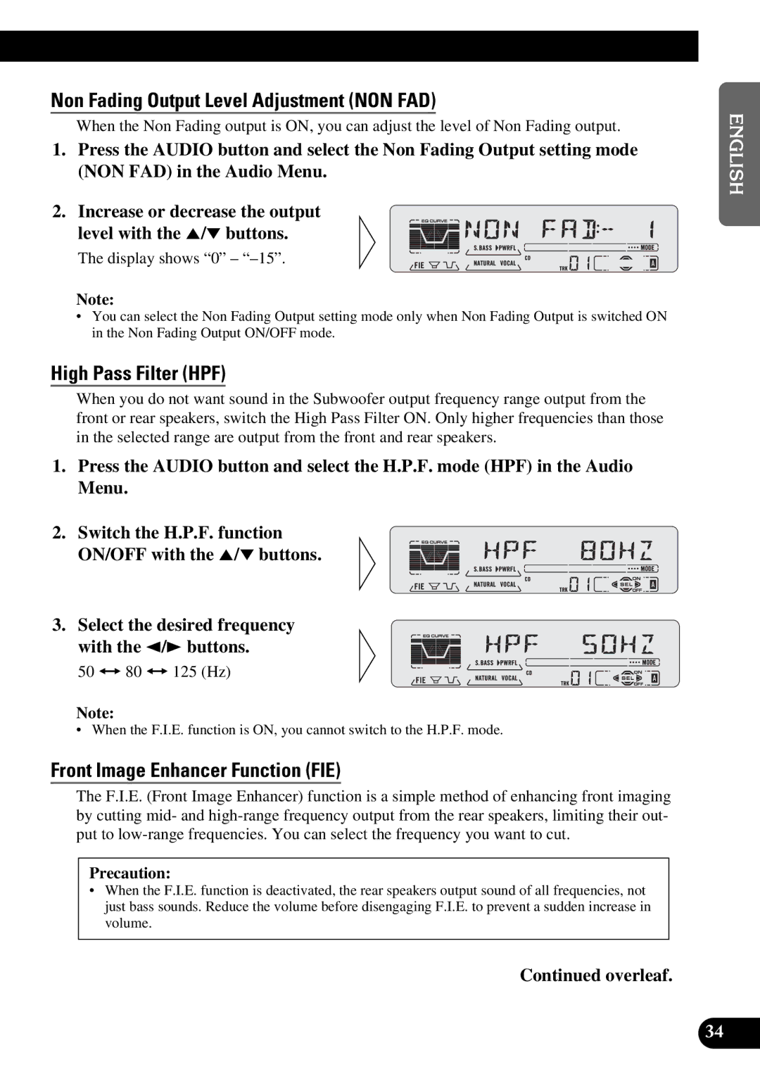 Pioneer DEH-P5200 Non Fading Output Level Adjustment NON FAD, High Pass Filter HPF, Front Image Enhancer Function FIE 