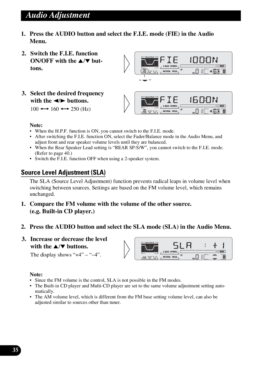 Pioneer DEH-P6200, DEH-P5200 operation manual Source Level Adjustment SLA, 100 += 160 += 250 Hz, Display shows +4 