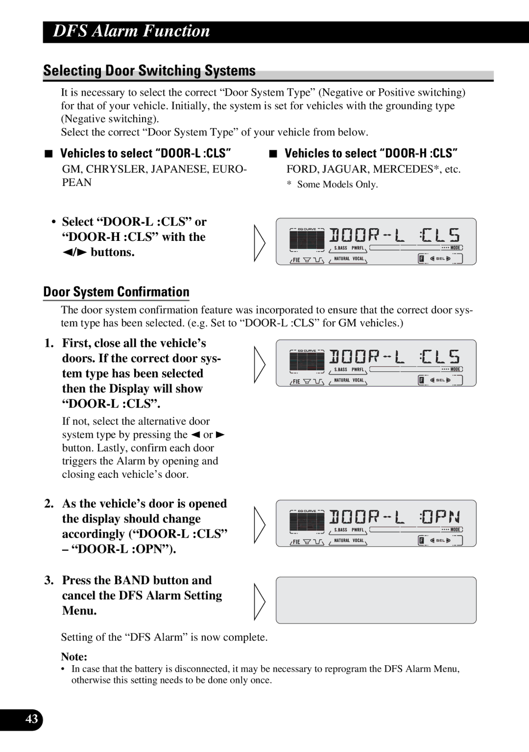 Pioneer DEH-P6200, DEH-P5200 Selecting Door Switching Systems, Door System Confirmation, Vehicles to select DOOR-L CLS 