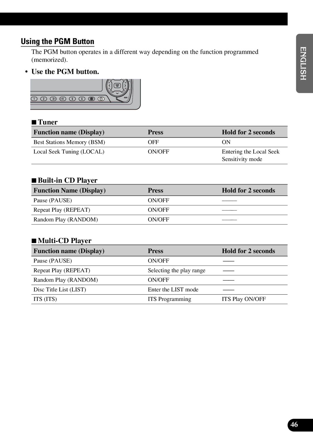 Pioneer DEH-P5200 Using the PGM Button, Use the PGM button 7Tuner, Function name Display Press Hold for 2 seconds 