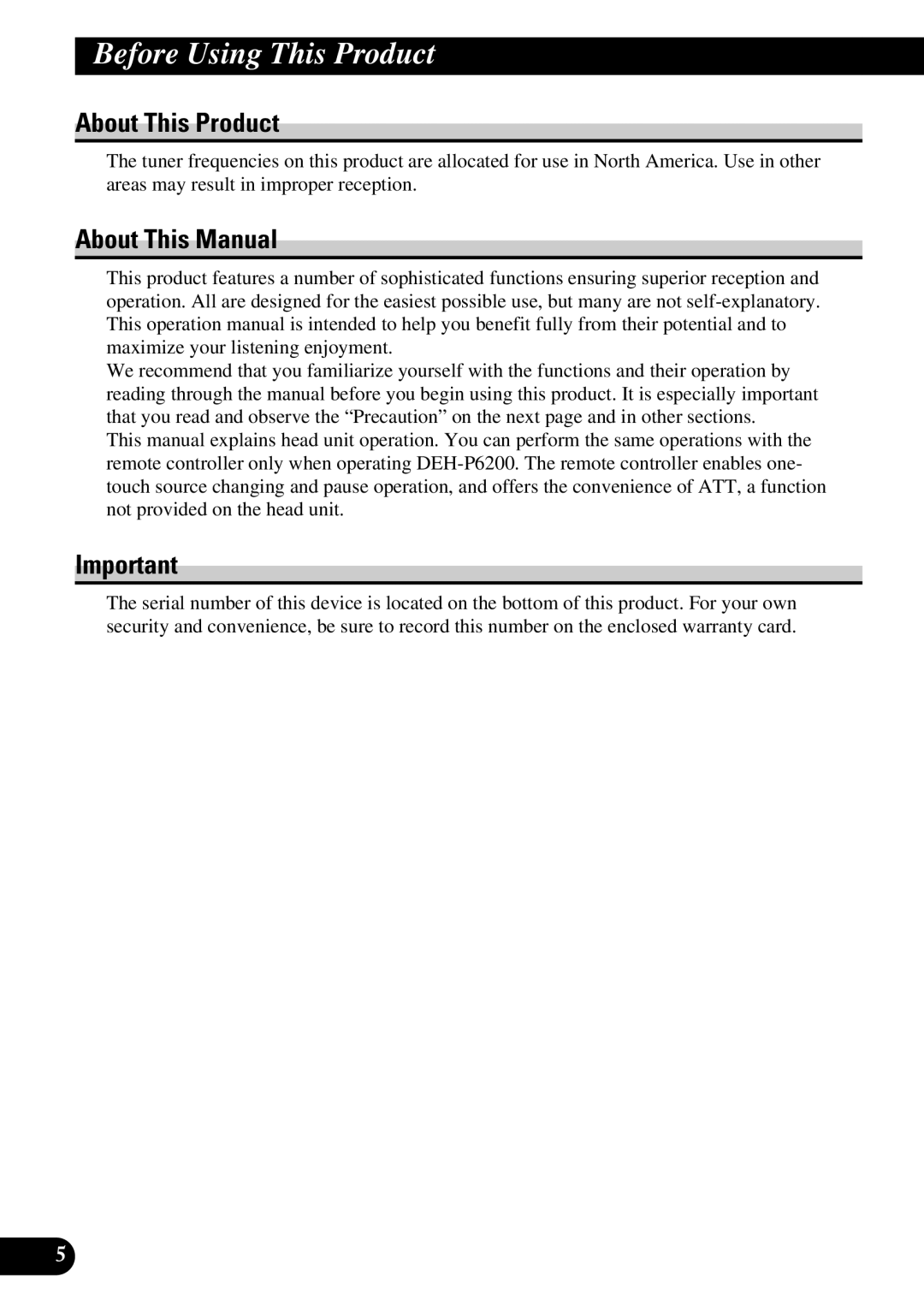 Pioneer DEH-P6200, DEH-P5200 operation manual Before Using This Product, About This Product, About This Manual 