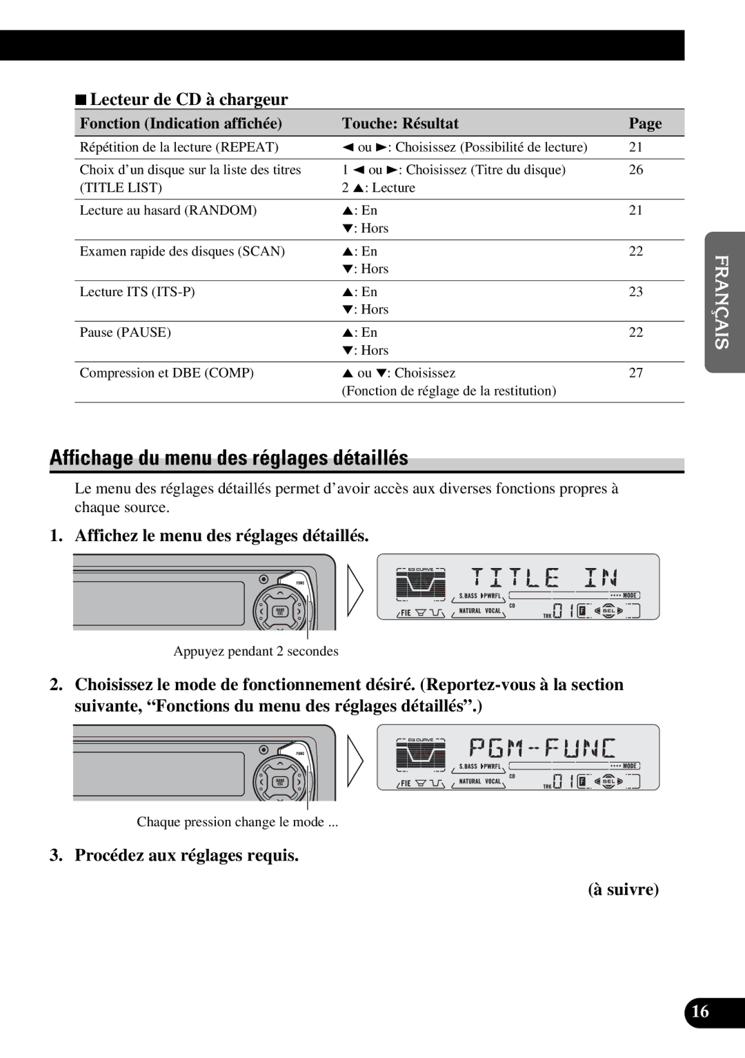 Pioneer DEH-P5200 Affichage du menu des réglages détaillés, 7Lecteur de CD à chargeur, Procédez aux réglages requis Suivre 