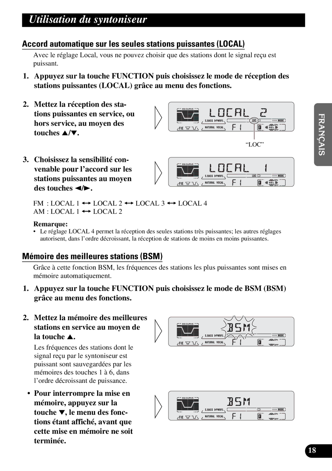 Pioneer DEH-P5200, DEH-P6200 Utilisation du syntoniseur, Accord automatique sur les seules stations puissantes Local 