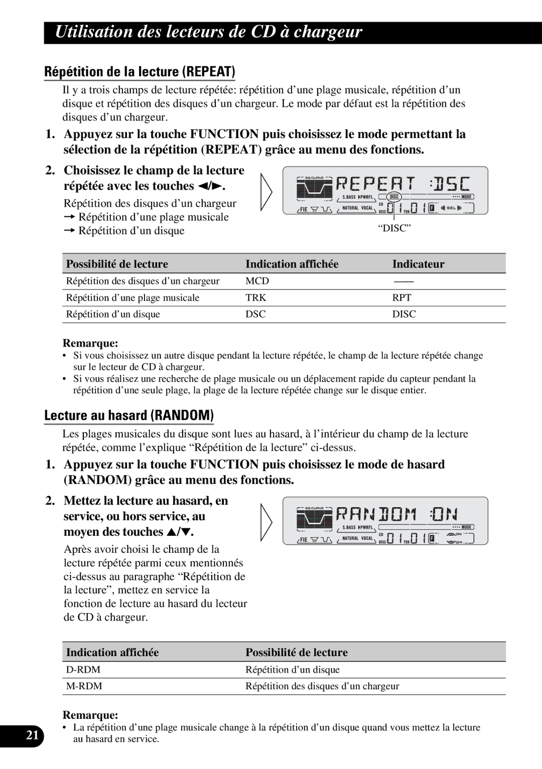 Pioneer DEH-P6200 Utilisation des lecteurs de CD à chargeur, Possibilité de lecture Indication affichée Indicateur 