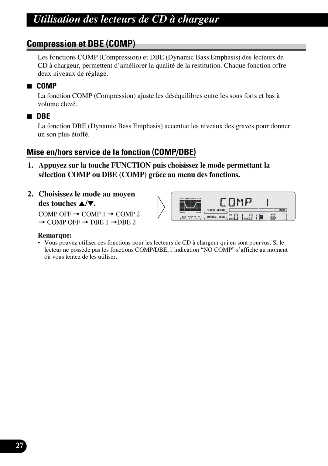 Pioneer DEH-P6200, DEH-P5200 operation manual Compression et DBE Comp, Mise en/hors service de la fonction COMP/DBE 