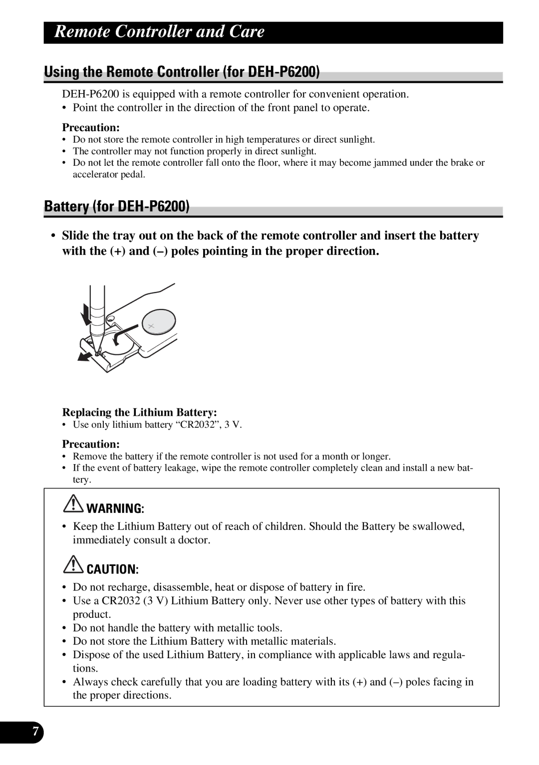 Pioneer Remote Controller and Care, Using the Remote Controller for DEH-P6200, Battery for DEH-P6200, Precaution 
