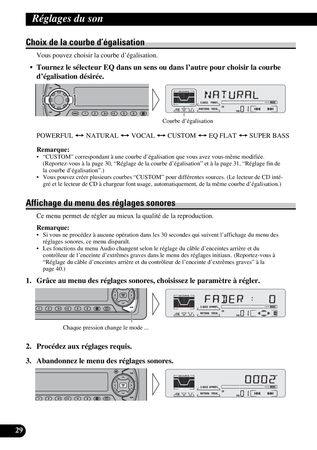 Pioneer DEH-P6200, DEH-P5200 Réglages du son, Choix de la courbe d’égalisation, Affichage du menu des réglages sonores 