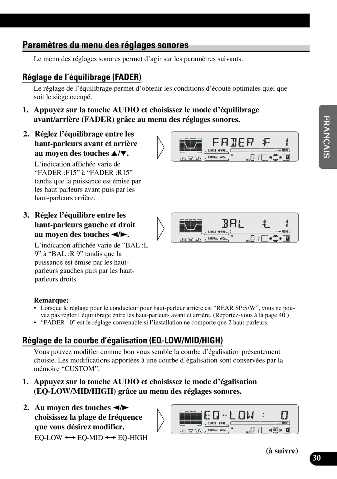 Pioneer DEH-P5200, DEH-P6200 operation manual Paramètres du menu des réglages sonores, Réglage de l’équilibrage Fader 