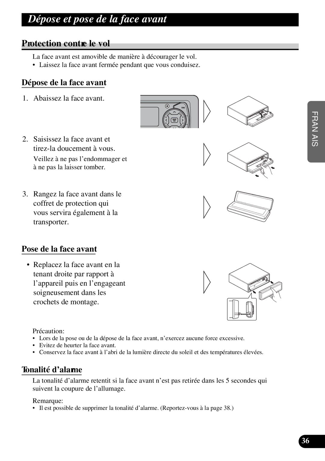 Pioneer DEH-P5200 Dépose et pose de la face avant, Protection contre le vol, Dépose de la face avant, Tonalité d’alarme 