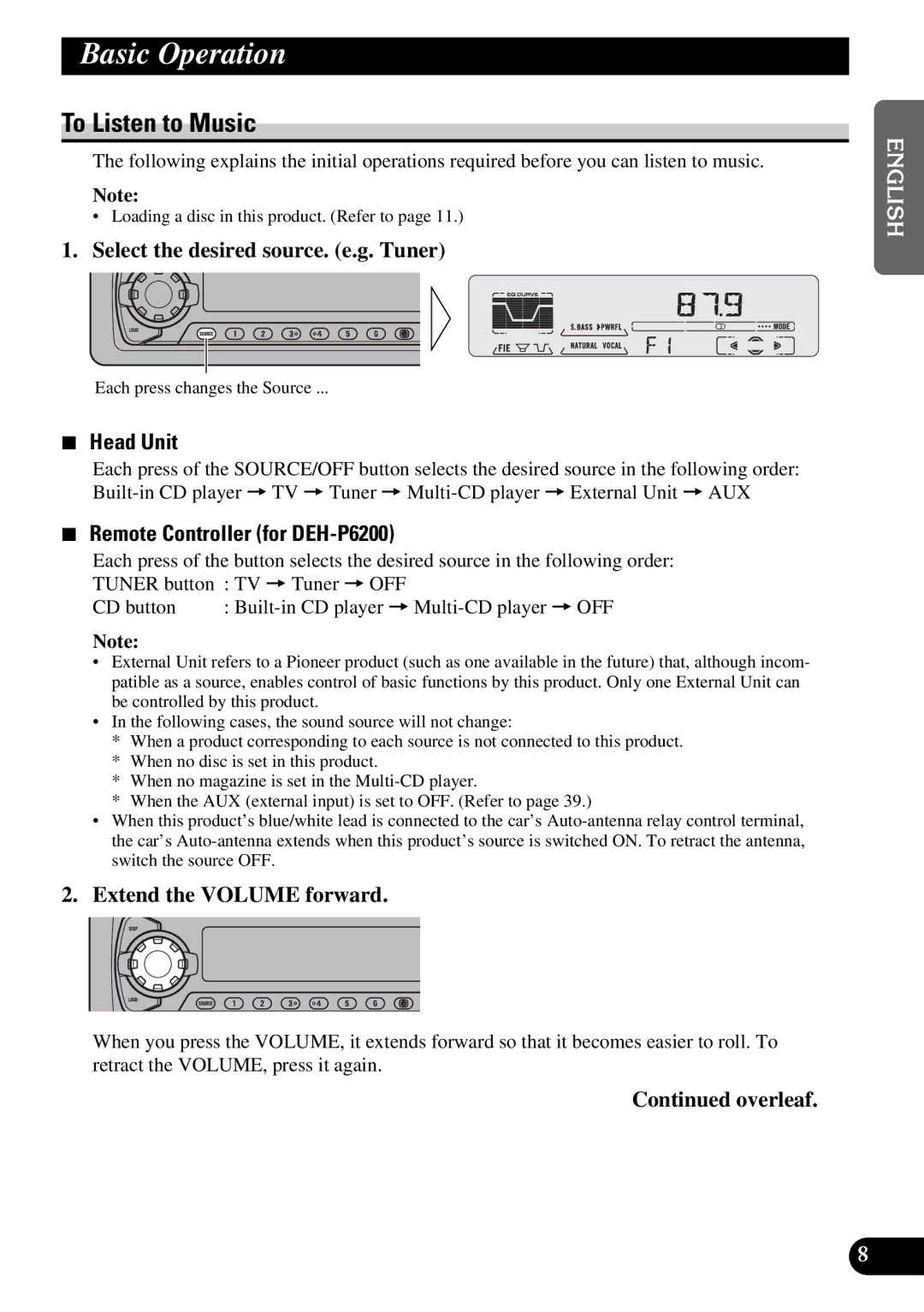 Pioneer DEH-P5200 operation manual Basic Operation, To Listen to Music, Head Unit, Remote Controller for DEH-P6200 