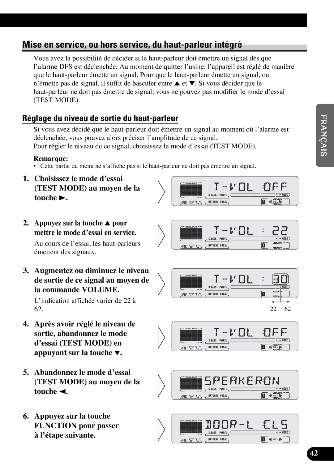 Pioneer DEH-P5200 Mise en service, ou hors service, du haut-parleur intégré, Réglage du niveau de sortie du haut-parleur 