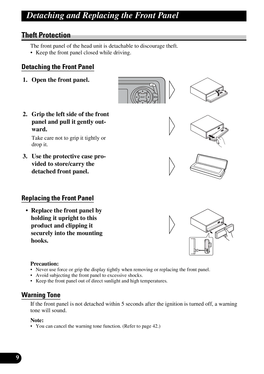 Pioneer DEH-P6300, DEH-P7300 Detaching and Replacing the Front Panel, Theft Protection, Detaching the Front Panel 