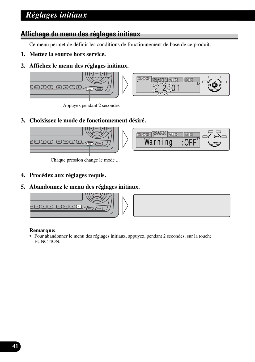 Pioneer DEH-P6300, DEH-P7300 operation manual Réglages initiaux, Affichage du menu des réglages initiaux 