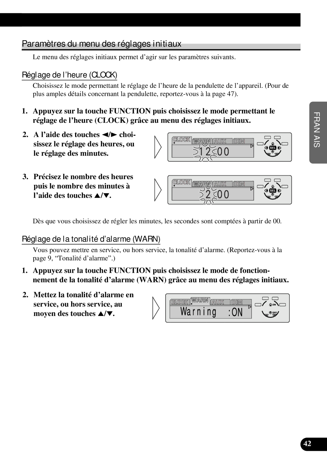 Pioneer DEH-P6300 Paramètres du menu des réglages initiaux, Réglage de l’heure Clock, Réglage de la tonalité d’alarme Warn 