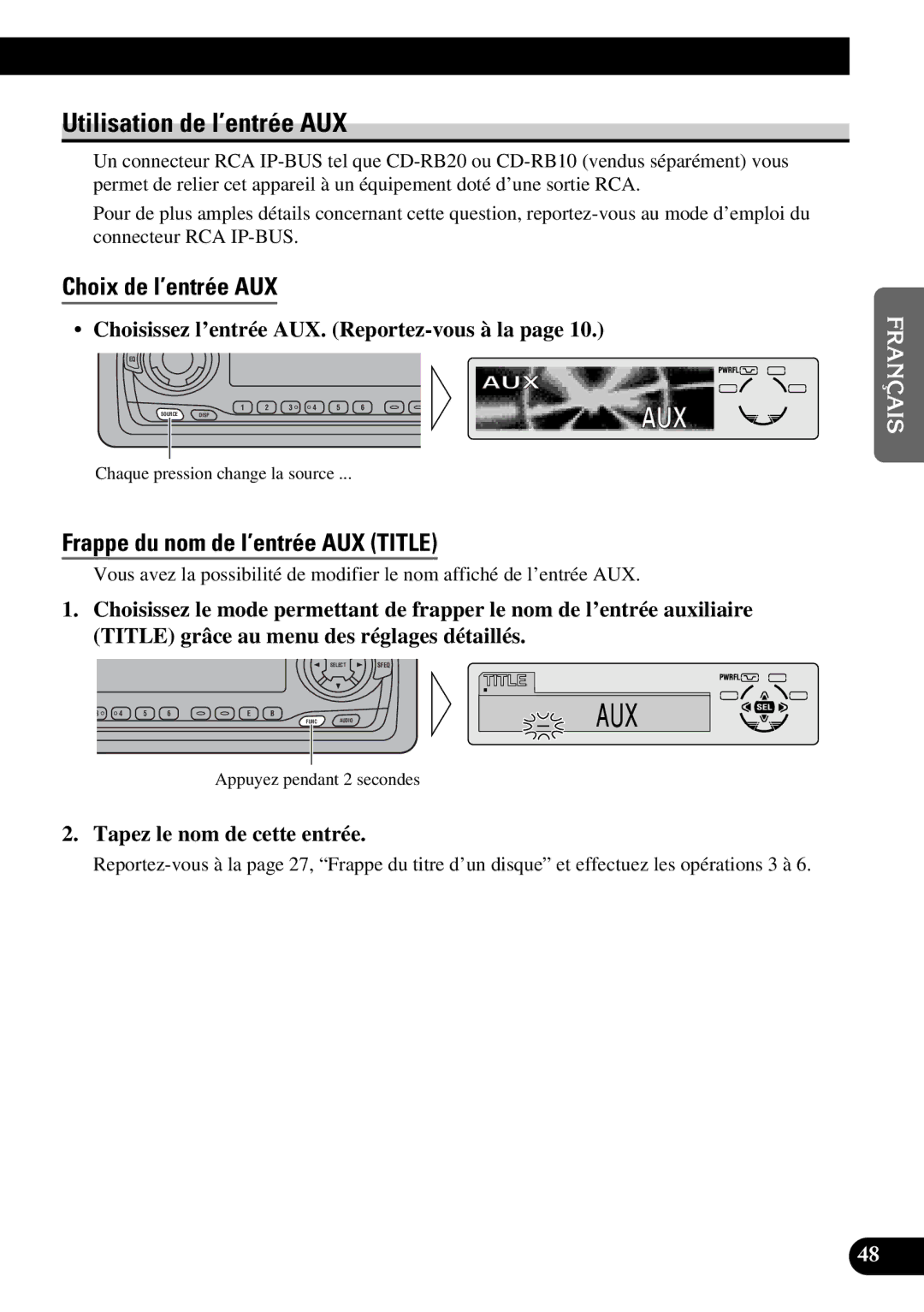 Pioneer DEH-P6300 operation manual Utilisation de l’entrée AUX, Choix de l’entrée AUX, Frappe du nom de l’entrée AUX Title 