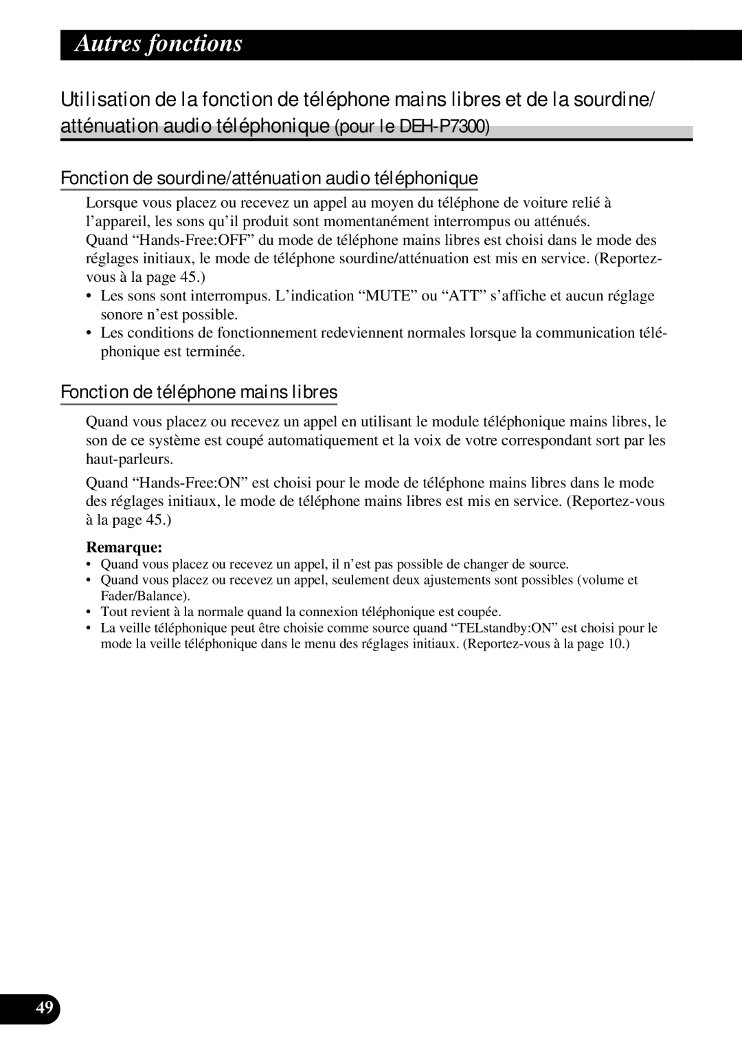 Pioneer DEH-P6300, DEH-P7300 operation manual Fonction de téléphone mains libres 