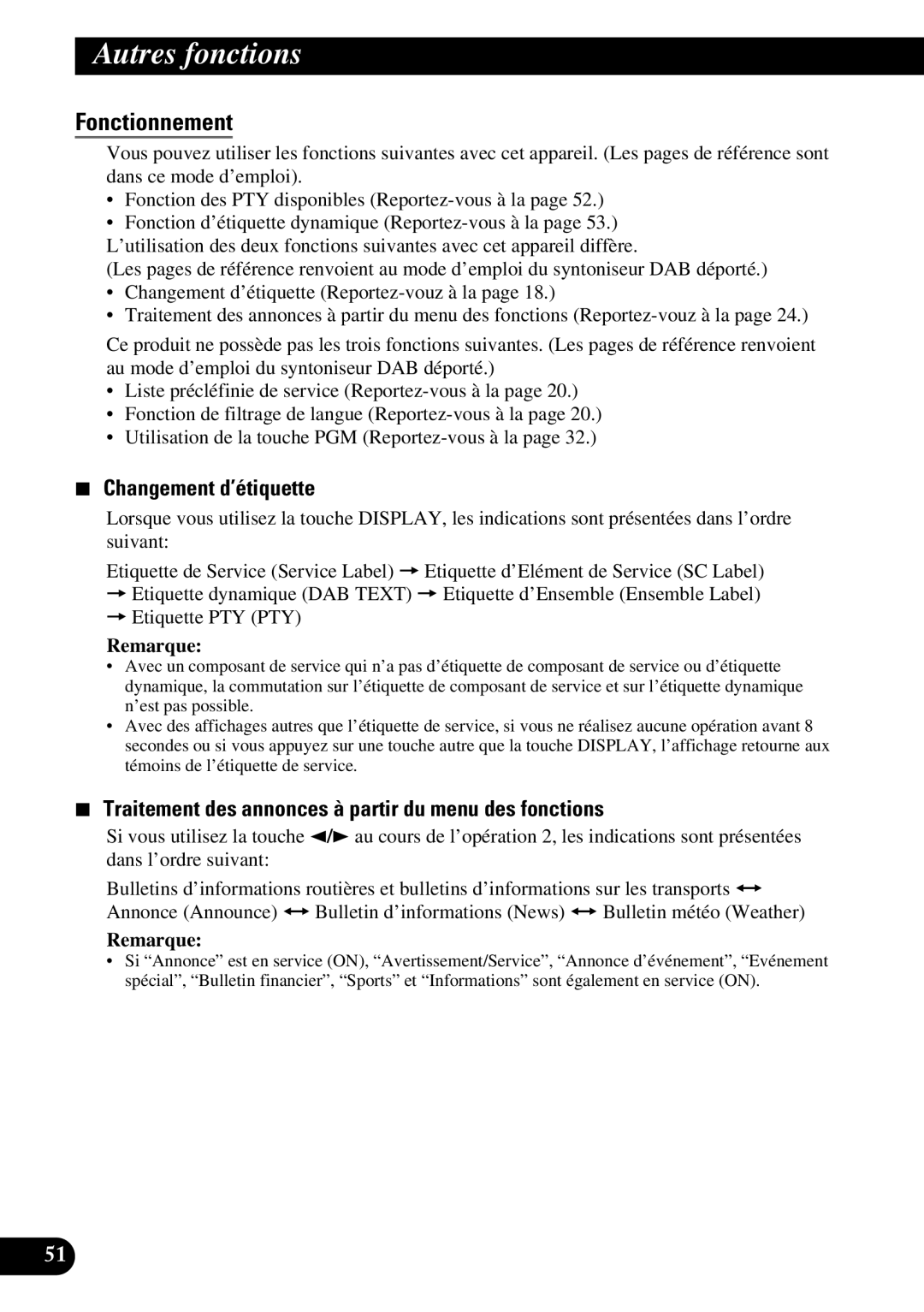 Pioneer DEH-P6300, DEH-P7300 operation manual Fonctionnement, Changement d’étiquette 