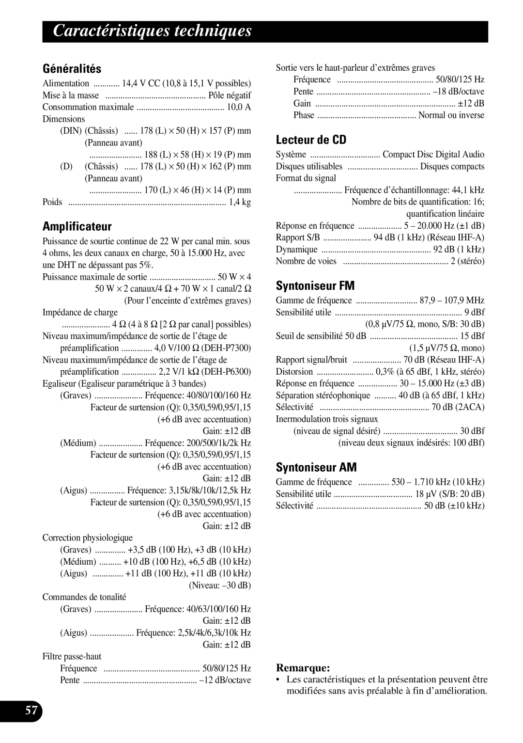 Pioneer DEH-P6300, DEH-P7300 operation manual Caractéristiques techniques 