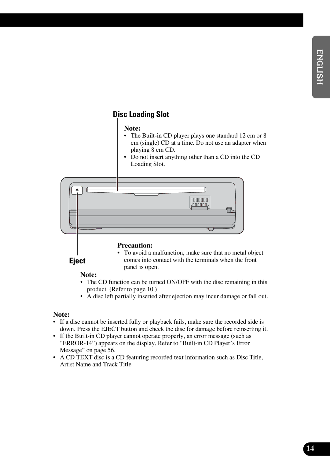 Pioneer DEH-P6300, DEH-P7300 operation manual Disc Loading Slot, Precaution 