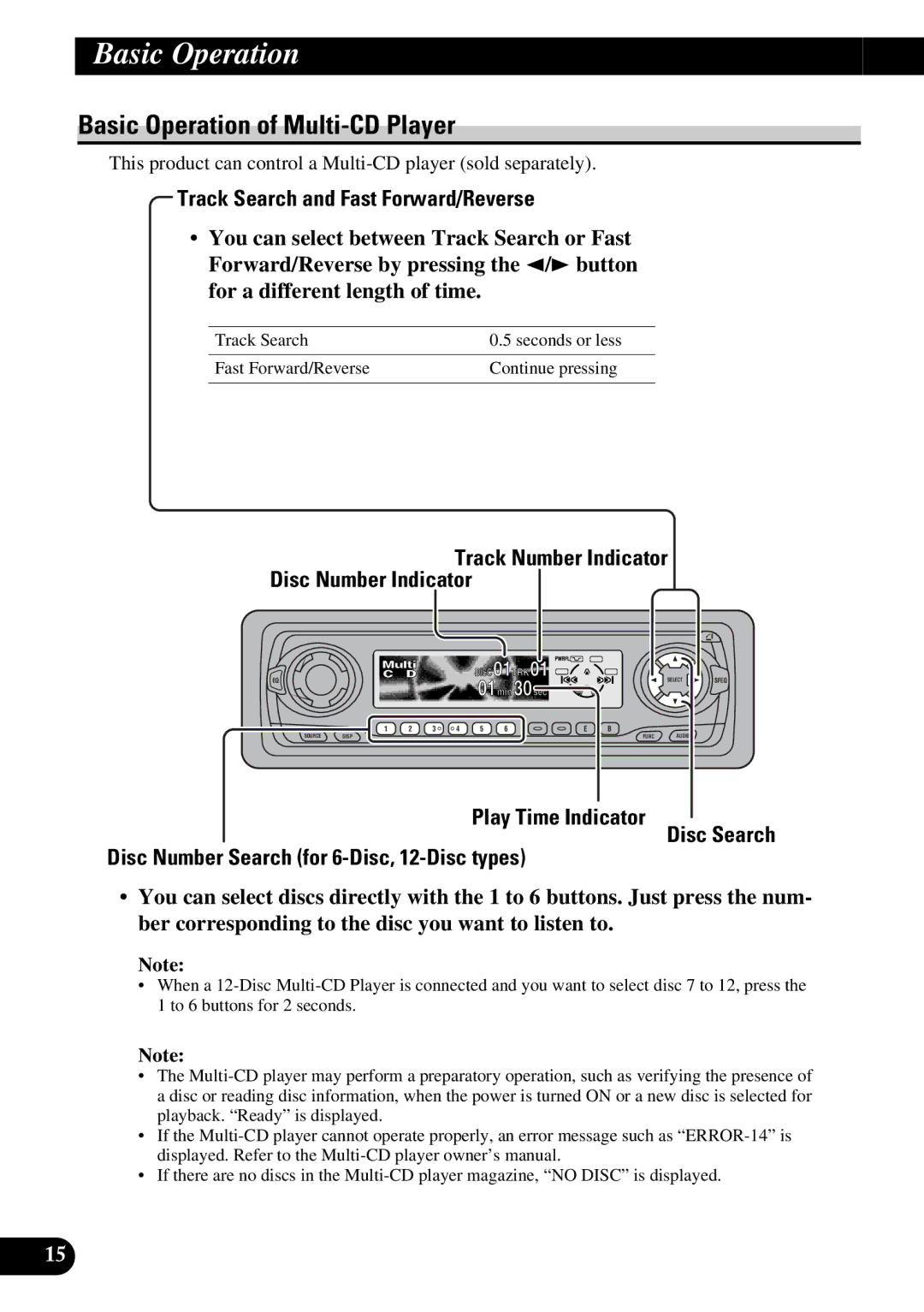 Pioneer DEH-P6300, DEH-P7300 Basic Operation of Multi-CD Player, Track Number Indicator Disc Number Indicator 