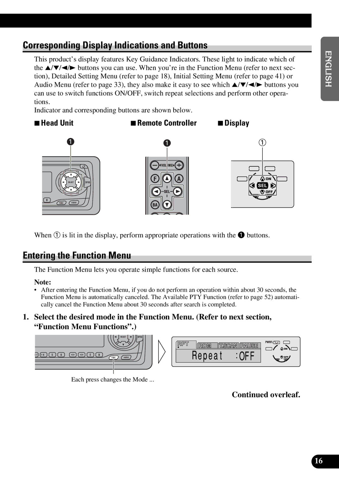 Pioneer DEH-P6300, DEH-P7300 operation manual Corresponding Display Indications and Buttons, Entering the Function Menu 