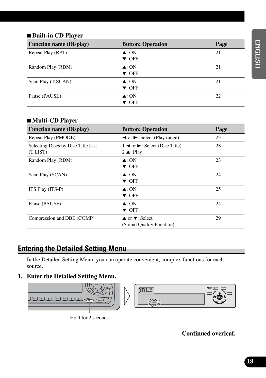 Pioneer DEH-P6300, DEH-P7300 operation manual Entering the Detailed Setting Menu, 7Built-in CD Player, 7Multi-CD Player 