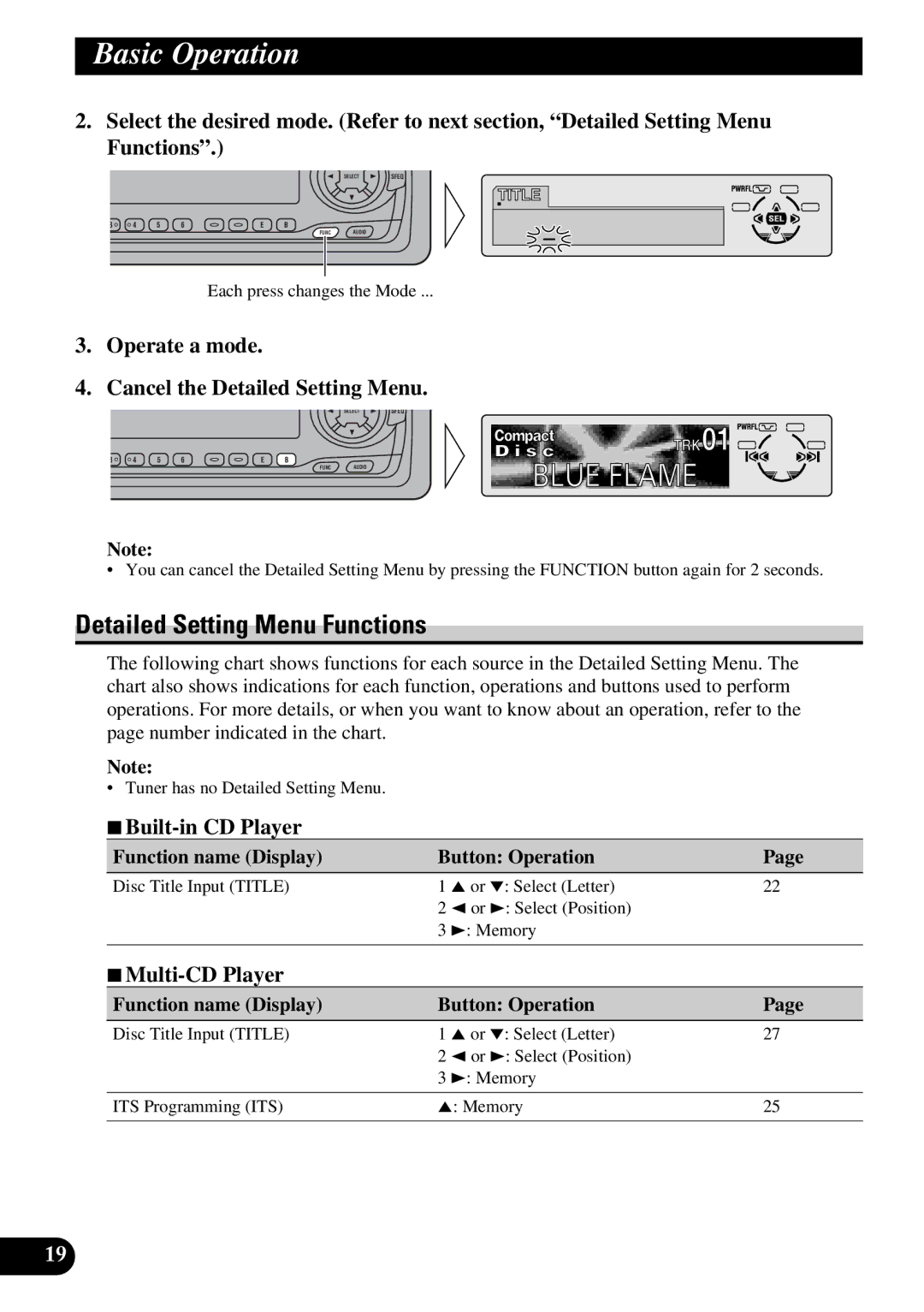 Pioneer DEH-P6300, DEH-P7300 Detailed Setting Menu Functions, Operate a mode Cancel the Detailed Setting Menu 