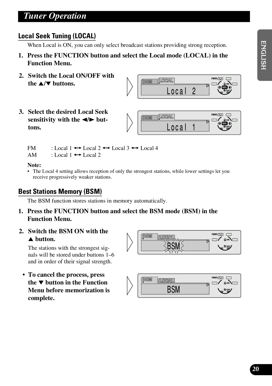 Pioneer DEH-P6300 Tuner Operation, Local Seek Tuning Local, Best Stations Memory BSM, Local Local 2 Ô Local 3 Ô Local 