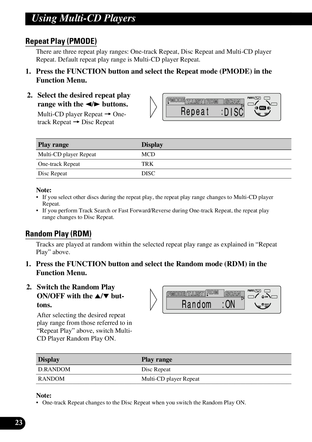 Pioneer DEH-P6300, DEH-P7300 Using Multi-CD Players, Repeat Play Pmode, Play range Display, Display Play range 