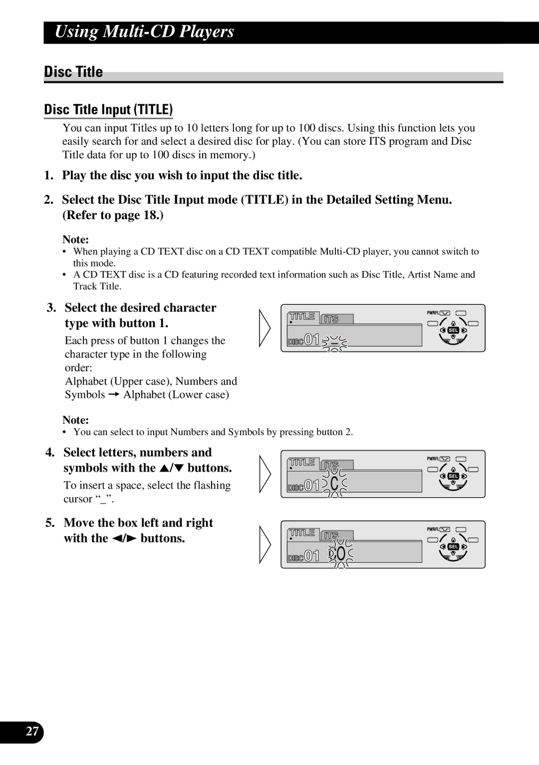 Pioneer DEH-P6300, DEH-P7300 operation manual Disc Title, Select the desired character Type with button 