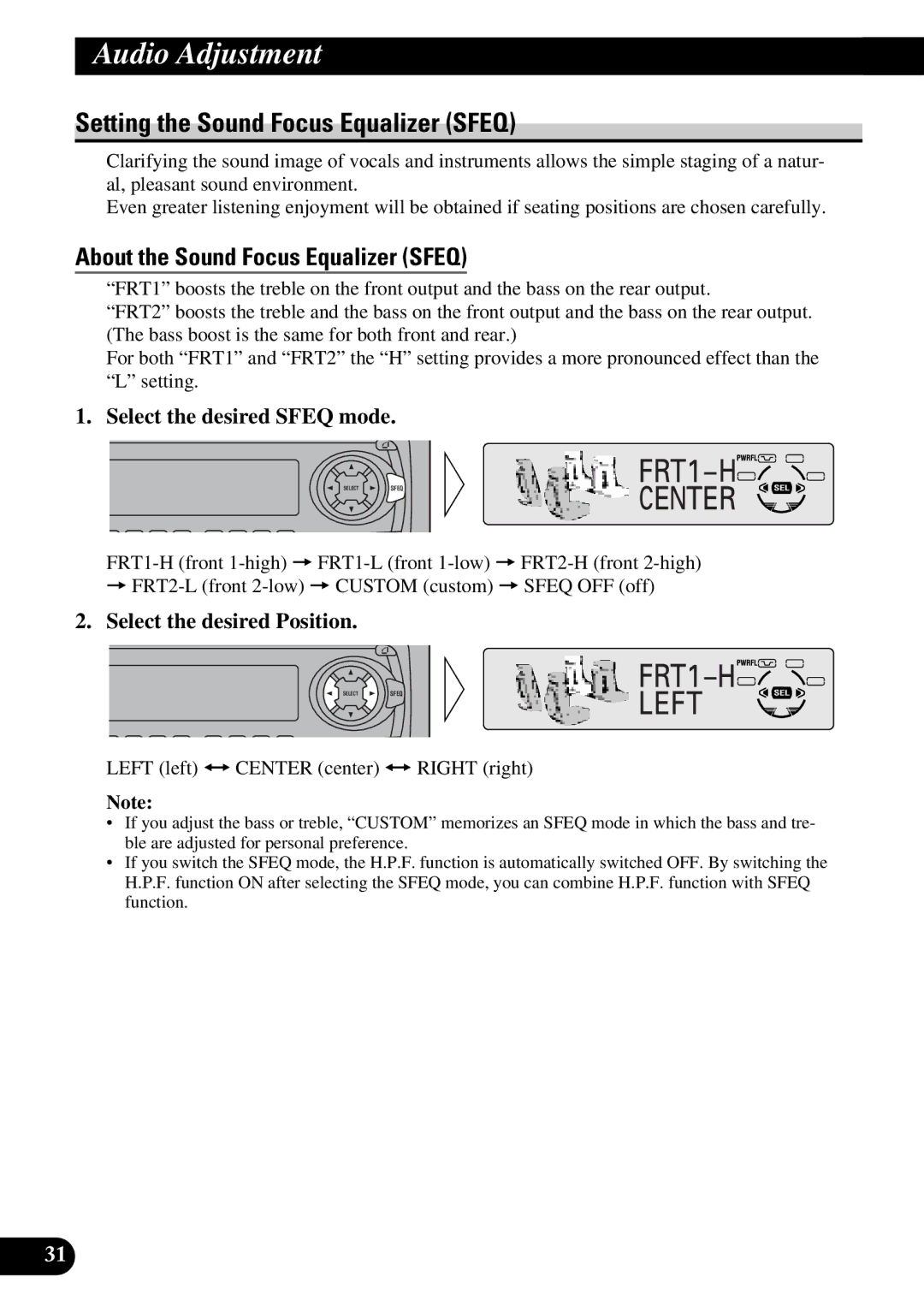 Pioneer DEH-P6300, DEH-P7300 Audio Adjustment, Setting the Sound Focus Equalizer Sfeq, Select the desired Sfeq mode 