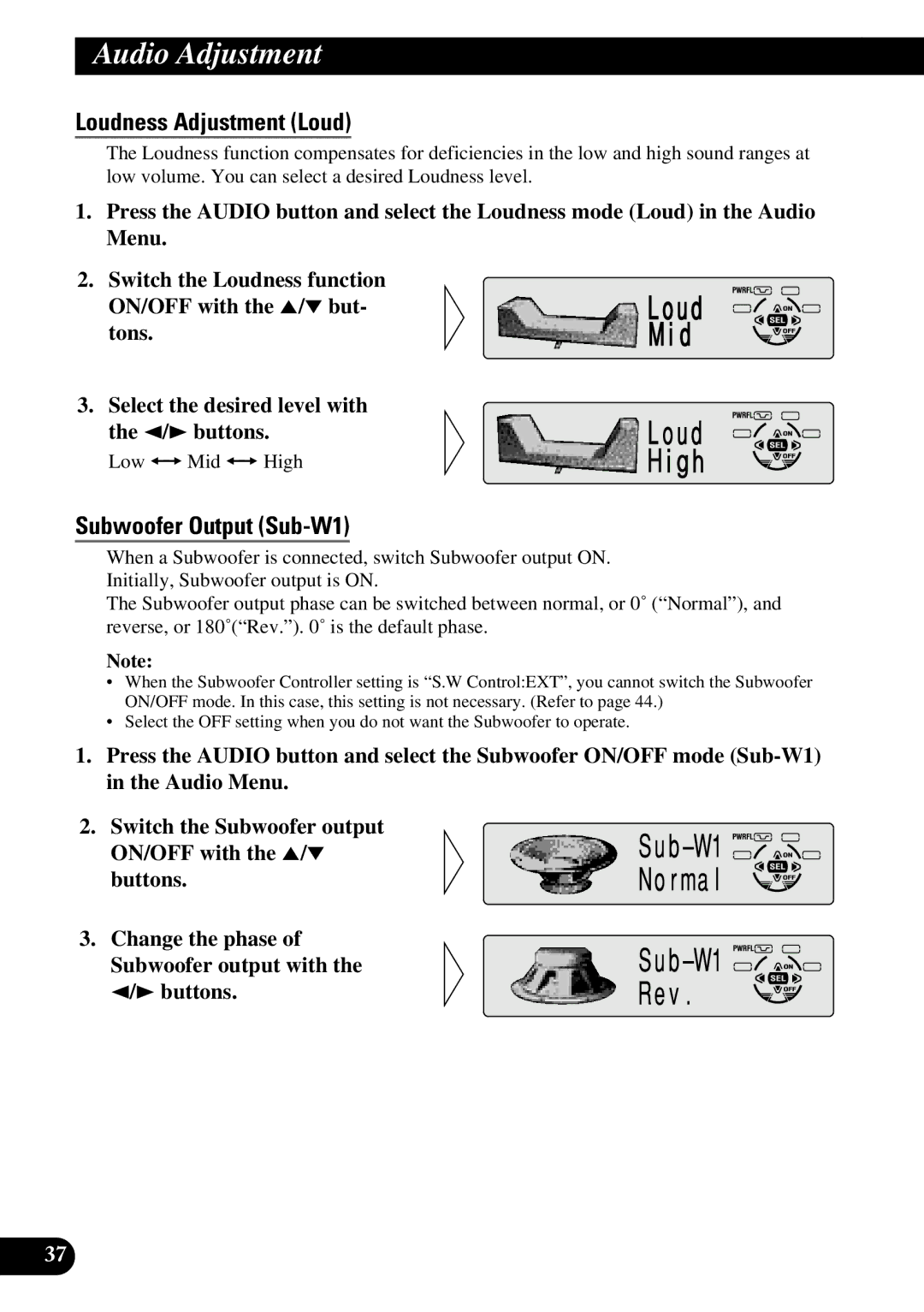 Pioneer DEH-P6300, DEH-P7300 operation manual Loudness Adjustment Loud, Subwoofer Output Sub-W1, Low += Mid += High 