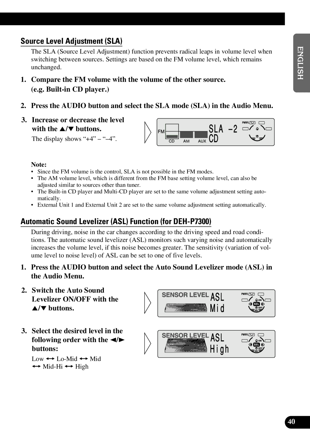 Pioneer DEH-P6300 Source Level Adjustment SLA, Automatic Sound Levelizer ASL Function for DEH-P7300, Display shows +4 