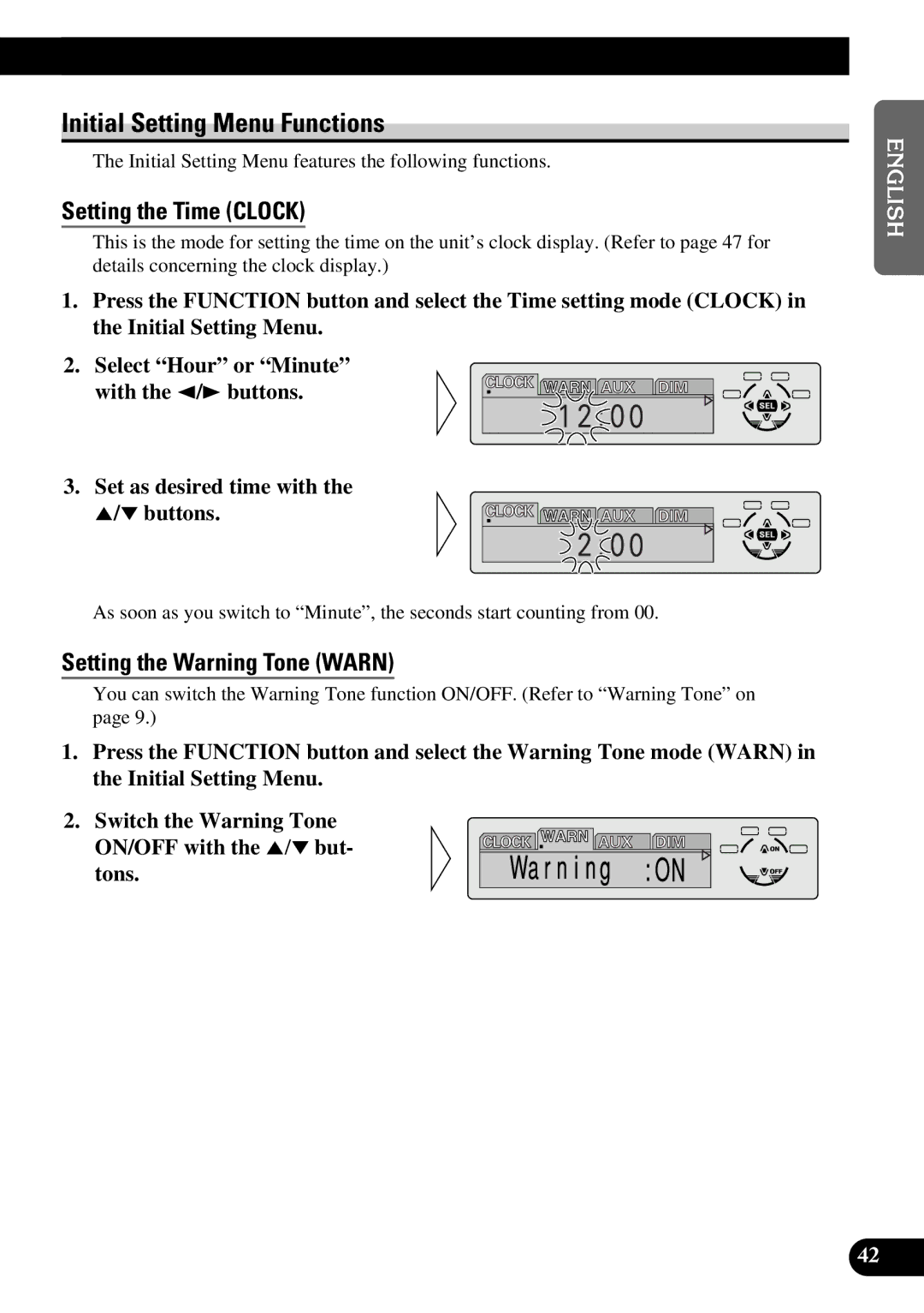 Pioneer DEH-P6300 operation manual Initial Setting Menu Functions, Setting the Time Clock, Setting the Warning Tone Warn 